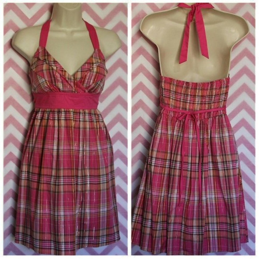 Sequin Hearts Pink Plaid Halter Tea Dress Size 5